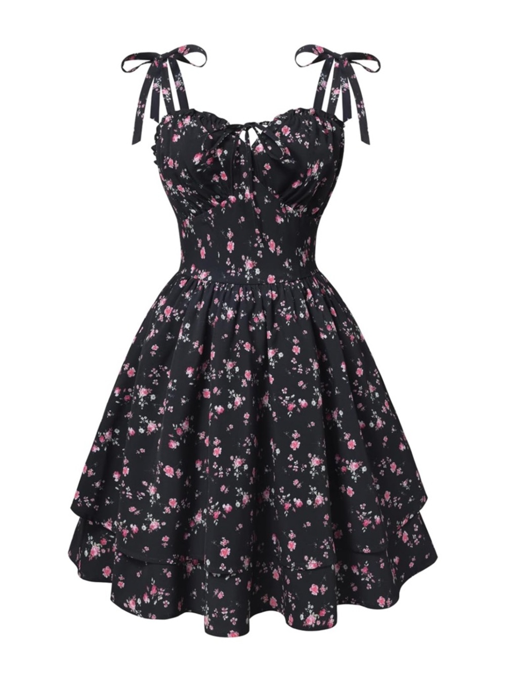Black Floral Tie-Shoulder Midi Dress with Pink Blossoms
